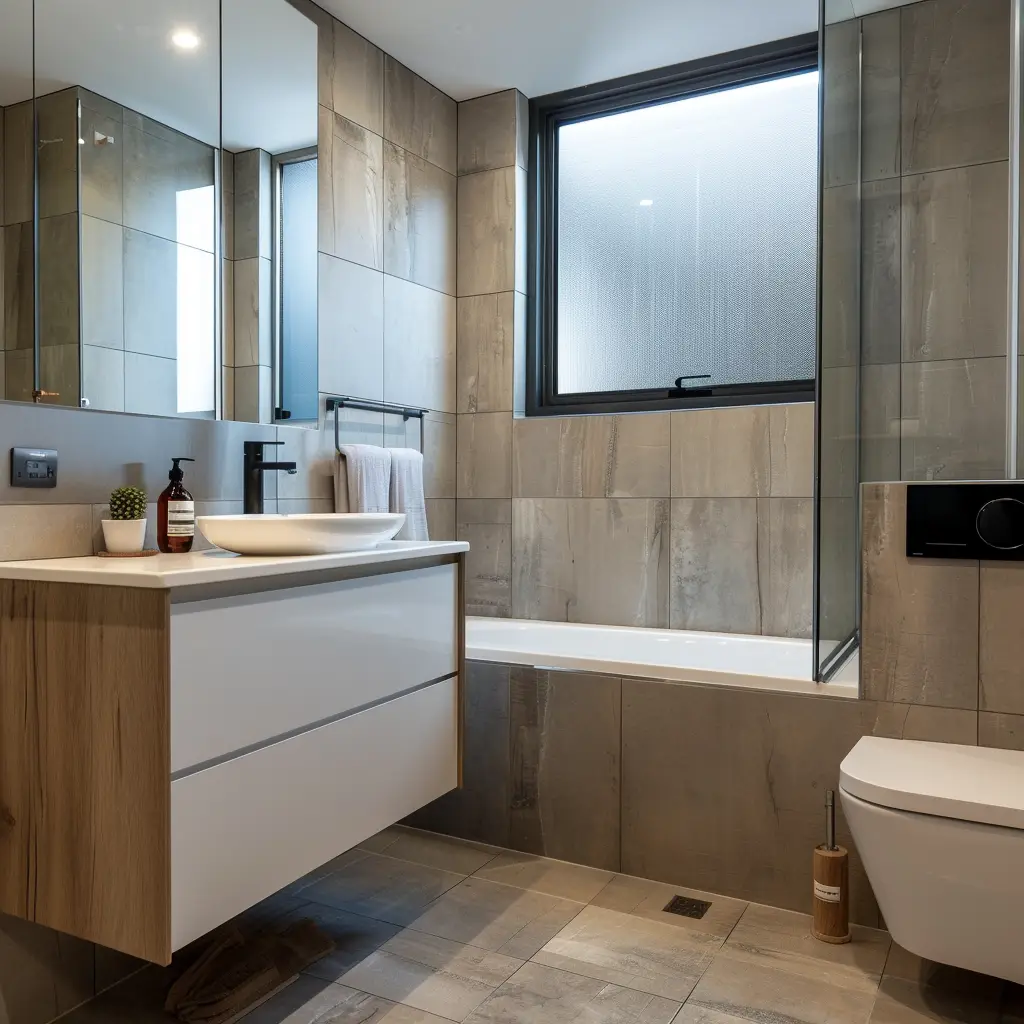 Reforma de baños en Valladolid, baño en tonos tostados y blancos, bañera con mampara