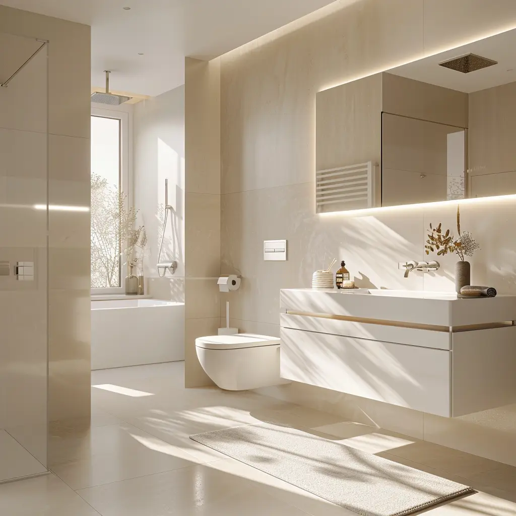 Cambio de bañera por ducha, baño en tonos claros con espejo y luz leds