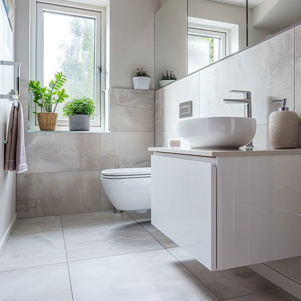 Reforma de baños en Valladolid, baño con lavabo sobre encimera y mueble colgante en blanco