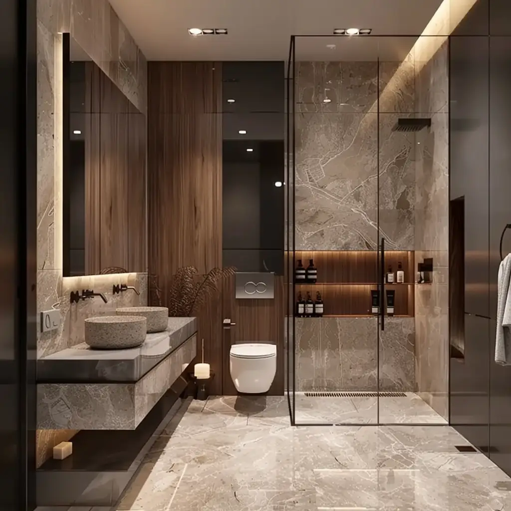 baño con tonos marrones y a la derecha de la imagen se ve la ducha