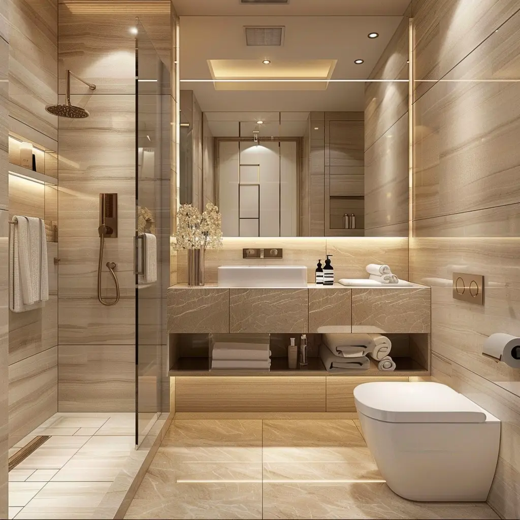 Cambio de bañera por ducha, baño en tonos muy suaves con ducha y lavabo sobre encimera