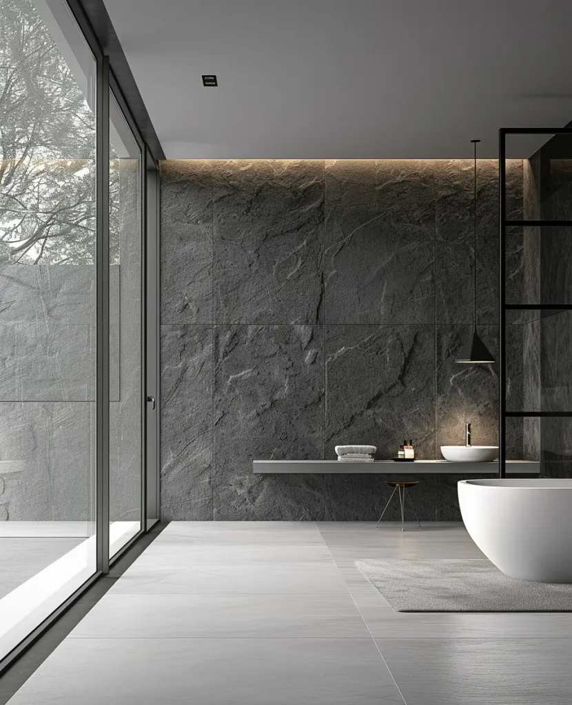 Cambio de bañera por ducha, pared en pizarra en tonos grises y bañera sin incrustar